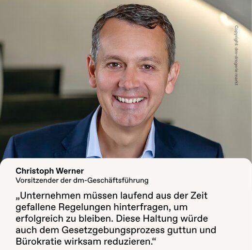 Auf dem Bild ist Christoph Werner mit folgendem Zitat zu sehen: "Unternehmen müssen laufend aus der Zeit gefallene Regelungen hinterfragen, um erfolgreich zu bleiben. Diese Haltung würde auch dem Gesetzgebungsprozess guttun und Bürokratie wirksam reduzieren."
