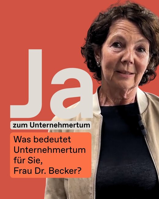 Porträt von Dr. Dorothee Becker vor rotem Hintergrund mit dem Schriftzug „Ja zum Unternehmertum“. Darunter steht die Frage: „Was bedeutet Unternehmertum für Sie, Frau Dr. Becker?“ Oben ist das Logo der Stiftung Familienunternehmen zu sehen.