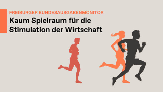 Grafik zum Freiburger Bundesausgabenmonitor mit dem Titel ‚Kaum Spielraum für die Stimulation der Wirtschaft‘: stilisierte Läufer-Silhouetten symbolisieren begrenzte fiskalische Handlungsspielräume des Bundeshaushalts in Deutschland und Herausforderungen für wirtschaftspolitische Impulse.